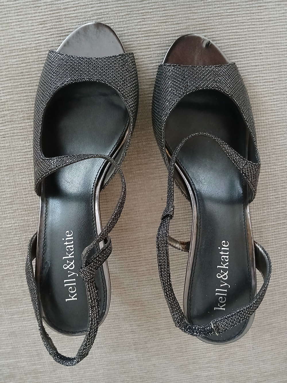 Kelly & Katie Silver Black Metallic Open-Toe Slingback Heels
